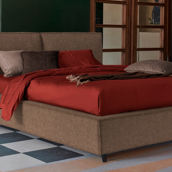 upholstered bed, fabric bed frame, platform bed, modern bed, bedroom furniture, product demo, lifestyle, luxurious, calm, brown, red, neutral
